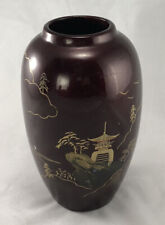 Vintage Porcelain Japanese Vase- 6” Mountain Pagoda Scene Deep Dark Red picture