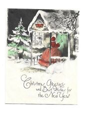 Vtg Christmas Card Lady in Red Knocks on Door Winter Scene by Paramount Line picture