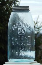 Antique Mason's Patent 1858 Hero Cross Half Gallon Jar Whittled Crude Aqua Glass picture