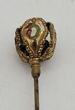 Antique Victorian 6” Hat Pin Repousse Brass Red, Green and White Enamel Hatpin picture