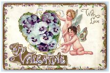 c1910's Valentine Angels Butterfly Wing Heart Flowers Embossed Antique Postcard picture