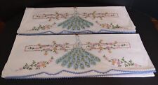 Vintage Pair of Peacock Hand Embroidered Pillowcases Crocheted Edges 20”x30” NOS picture