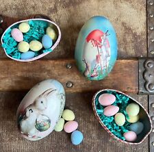 Four Easter Egg Tins. 4 fillable Metal Easter Eggs with Vintage Graphic picture