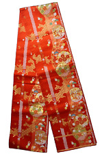 FUKURO Obi Silk Japanese Kimono Vintage Woven Woman Belt Red Flower Narrow picture