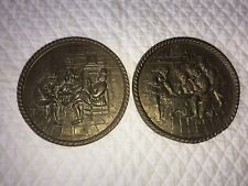 2 Vtg Wall Hanging Plates 6” Elpec Hammered Brass Tavern Scene Made in England picture