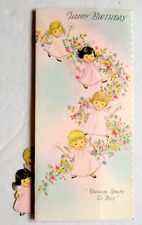 Vintage 1960s 8 Angels With Flowers Pull Out Unused Birthday Card Adorable  picture
