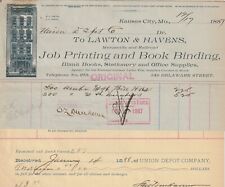 1887 BILLHEADS  LAWTON & HAVENS, JOB PRINTING KANSAS CITY. MO. TO UNION DEPOT CO picture