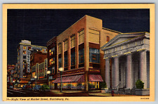 c1940s Night View Market Street Harrisburg PA Vintage Linen Postcard picture
