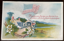 Postcard Patriotic Greetings American Flag House Covered Bridge Vintage picture