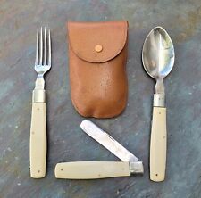 RARE ANTIQUE REED GERMANY FOLDING KNIFE FORK SPOON TRAVEL SET w LEATHER POUCH  picture