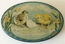 Vintage Antique Rare TinDeco Easter Baby Chicks Hatching Daffodil Tin Deco Oval picture