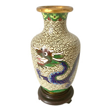 Two Dragon Cream Small Vintage Chinoiserie Cloisonne Metal Vase With Stand picture