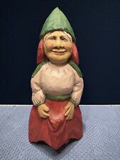 RARE Vintage Hand Carved Wooden Lady Gnome 8.5 inches SIGNED BAH or BATH picture