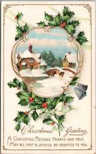 Vintage 1910s CHRISTMAS Embossed Postcard Bridge Town Scene - Printed in Germany picture
