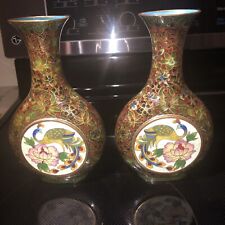 RARE PAIR ~ 8 1/4” Tall Chinese  CLOISONNÉ  Brass Hand Painted Peacocks & Flower picture
