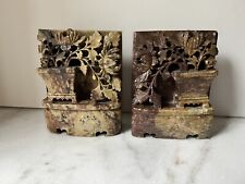 PAIR OF VINTAGE CHINESE RED FLORAL CARVED SOAP STONE BOOK ENDS  -  PRE-OWNED picture