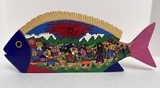 Folk Art Painted Wood Fish Village Scene Signed Taxco Guerrero Auscesio Tomás picture