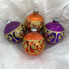 Lot of 4 Vintage Orange Purple Shiny Brite Glass Christmas Ornaments Ball Round picture