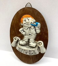 Vintage WORLD'S BEST DAD Plaque Wood Base Fun Services Taiwan 4” Father’s Day picture