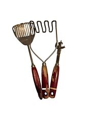 Vintage Lot of 3 Red Wood Handle Kitchen Utensils Farmhouse Decoration picture
