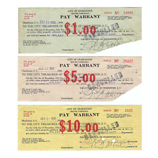 1930's Great Depression Pay Warrants Charleston, SC Set of Three $1, $5, $10 picture