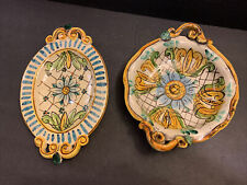 Antique Lampasona Caltagirone Italian Pottery Handled Bowl & Small Tray Rare picture