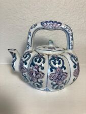 Tiny Teapot Perfect w/a Fixed Handle & Adorable Top Painted Blue & Pink picture