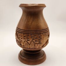 Vintage MCM Hand Crafted Wooden 6” Vase Philippines Pedestal Monkey Pod Wood picture