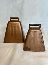 Lot Of 2 Copper Plated Cow Bells Livestock Farmhouse Loud With Handle picture
