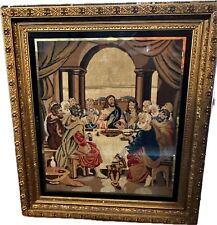 Holy Last Supper Needlepoint Canvas Ornate Gold Frame Vtg Exquisite Large Unique picture