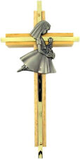 First Communion Oak Wood and Brass Wall Cross with Fine Pewter Girl Casting picture