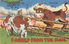 Cow & Bull Flirting Over Fence-Barred From the Mail-Comic Old Linen PC-Gilson,IL picture