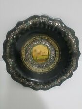 Antq Paper Mache’ Lacquer Bowl Dish 1880s Litho Stenciling Mother of Pearl Inlay picture