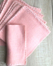 Set Of 4 Vintage Linen Pink Cloth Napkins with Crochet Edge  16 inches Excellent picture