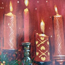 Vintage Mid Century Christmas Greeting Card Red Embellished Candles Fruit Decor picture