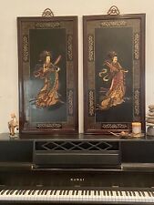 Vintage Pair of Chinese Carved Wood Raised Relief Plaques of Courtesans picture