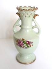 Vintage Ceramic Miniature Bud Vase - 2 Handled White W/Pink Flowers Gold Trim picture