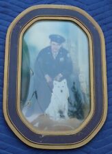 Rare Antique Bubble Glass Frame Curved Picture Military W/ Dog Photo 13.75 x19.5 picture