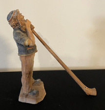 Vintage Carved Wood Alpine Horn Blower Man Figurine picture