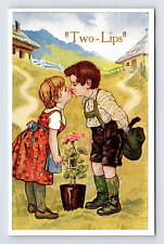 DB Postcard Two Lips Boy and Girl Kissing Romance picture