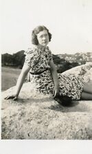 AT964 Original Vintage Photo WOMAN ON ROCK OVERLOOK c 1939 picture
