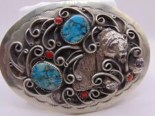 Vintage Western Belt Buckle Turquoise & Coral Southwest American Style Bear picture