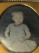 ANTIQUE DAGUERREOTYPE SIXTH PLATE 1/6 CUTE BABY GIRL RED NECKLACE BLUE DRESS picture