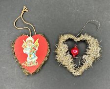 2 Antique Victorian Christmas Ornament Tinsel Mercury Glass Bead & Die cut Heart picture
