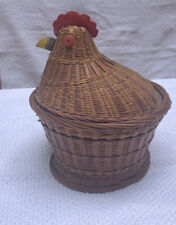 Vintage Hen on Nest Wicker Basket, with Carved Wooden Beak, Comb and Button Eyes picture