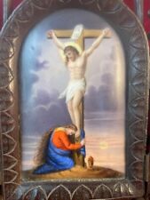 Antique Rare Oratory Triptych Painted Porcelain Wood The Crucifixion 19th C picture