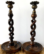 Pair Antique English Wood  Barley Twist Candlesticks  picture