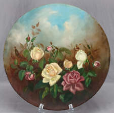 Antique Hand Painted Pink & Yellow Roses Folk Art Papier Mache 14 Inch Charger picture