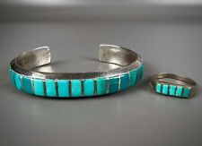 Vintage Zuni Sterling Silver Turquoise Inlay Cuff Bracelet & Ring Set GORGEOUS picture