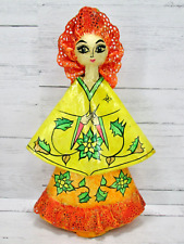 Vintage Paper Mache Candle Holder Lady MCM Mid Century Orange Handmade Mexico picture